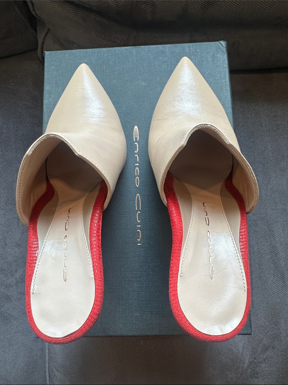 Enrico Cuini Taupe. Beige Pointed-Toe Women’s Slide Heels with Red Trim